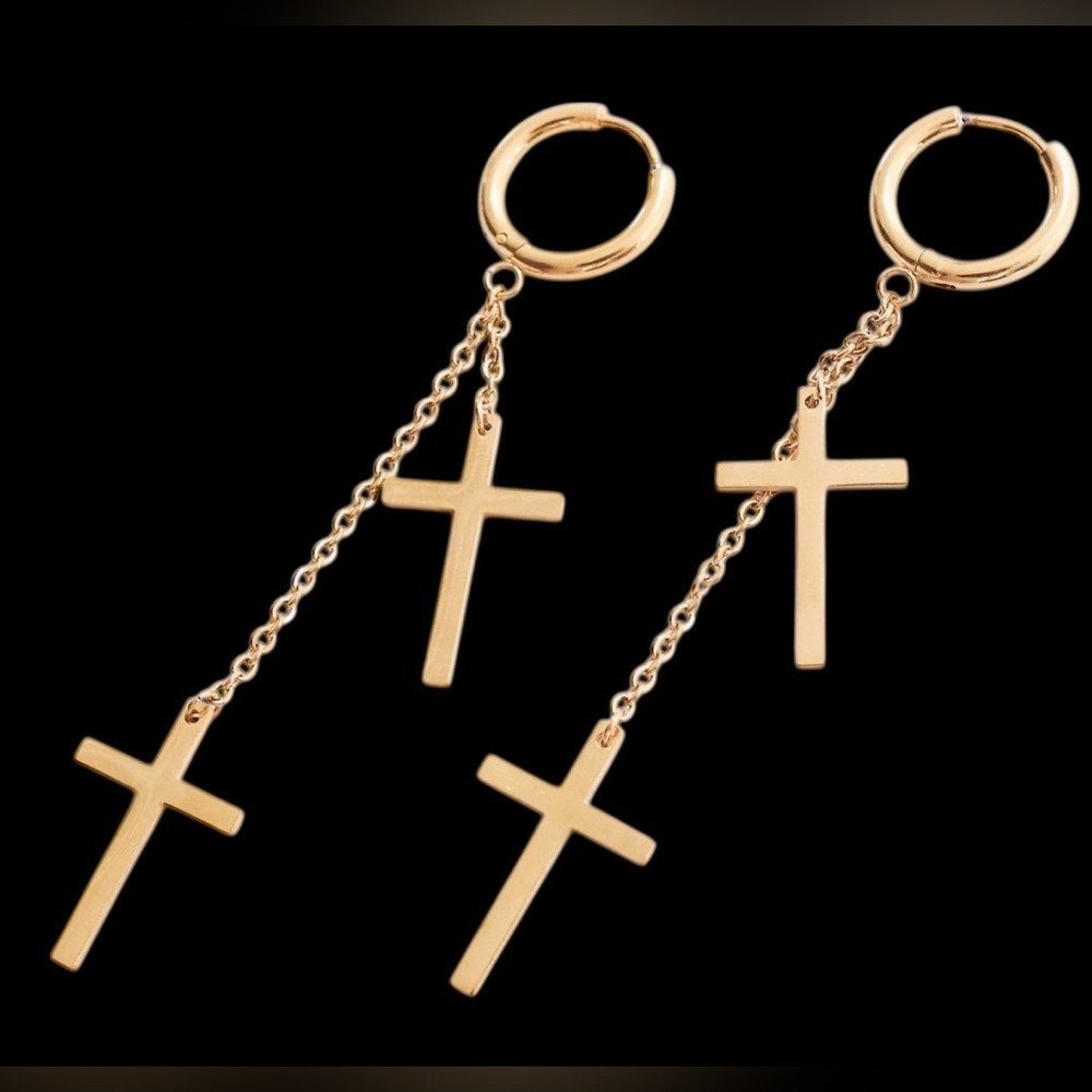 J15. 18K Gold Plated - Cross Dangle Hoops - NEW IN BOX - No Cancels